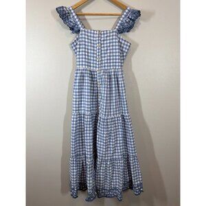Shabby Chic Blue Checkered Dress SZ S Ruffled Sleeves Gingham Tiered Cottagecore